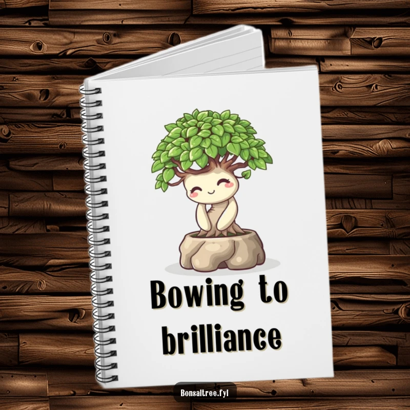 Funny notebook with a bonsai tree character bowing playfully with a warm smile, perfect for jotting down funny thoughts and polite notes.