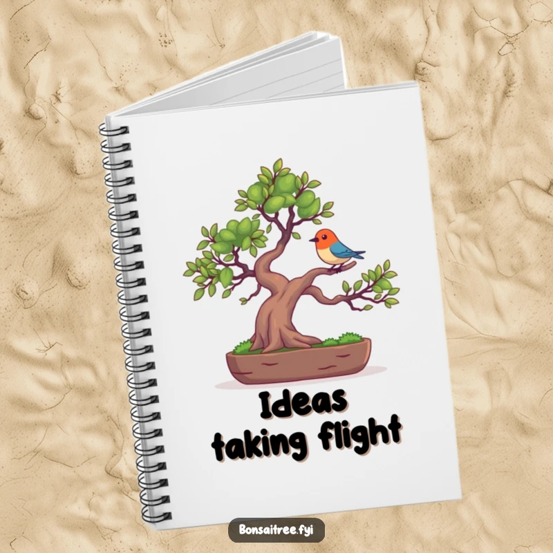 Funny notebook with a bonsai tree character balancing a tiny, colorful bird on its branch, perfect for jotting down funny nature thoughts.