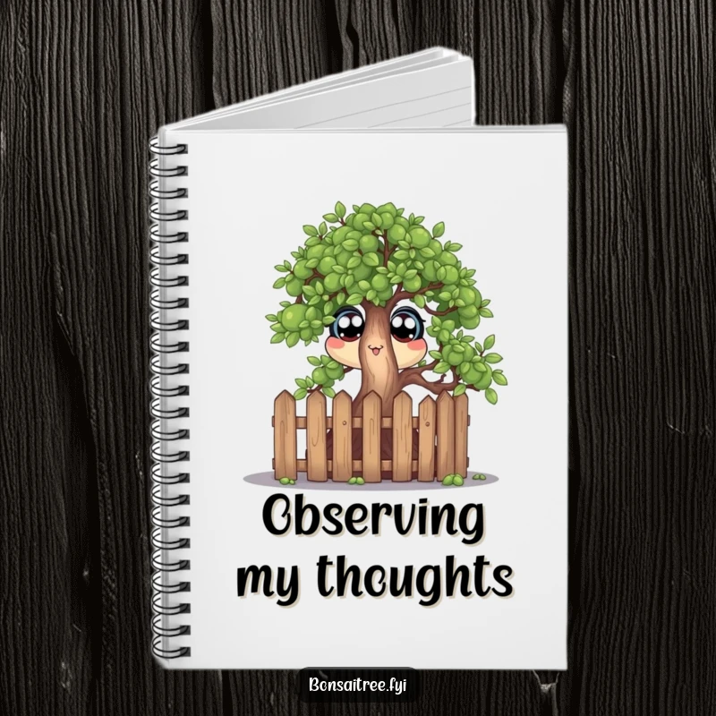Funny notebook with a bonsai tree character peeking with wide eyes over a small fence, perfect for jotting down funny observations.