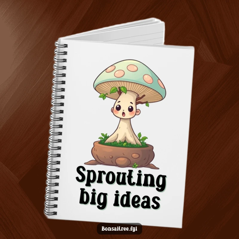 Funny notebook cover featuring a surprised bonsai character with a giant mushroom sprout, perfect for jotting down humorous notes.