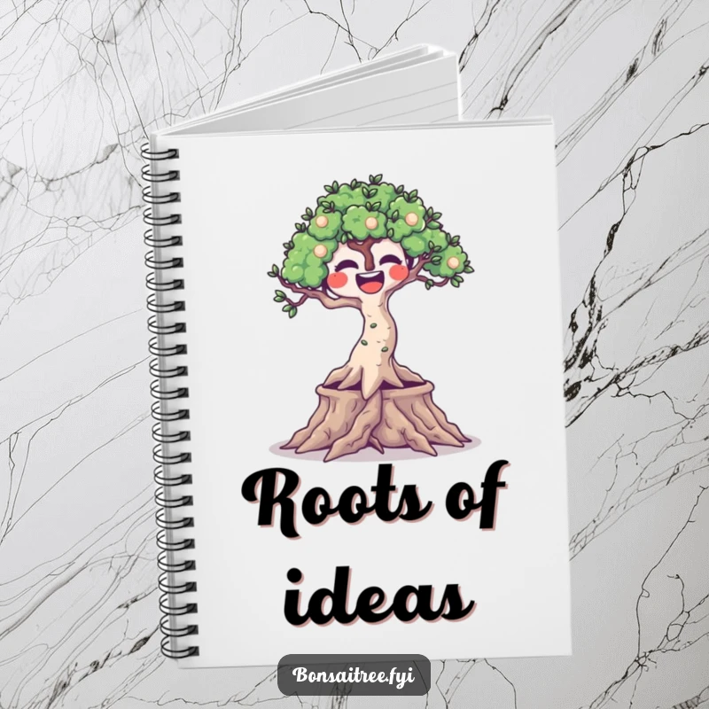 Funny notebook with a joyful bonsai tree and wiggling roots, perfect for jotting down happy thoughts and funny ideas.