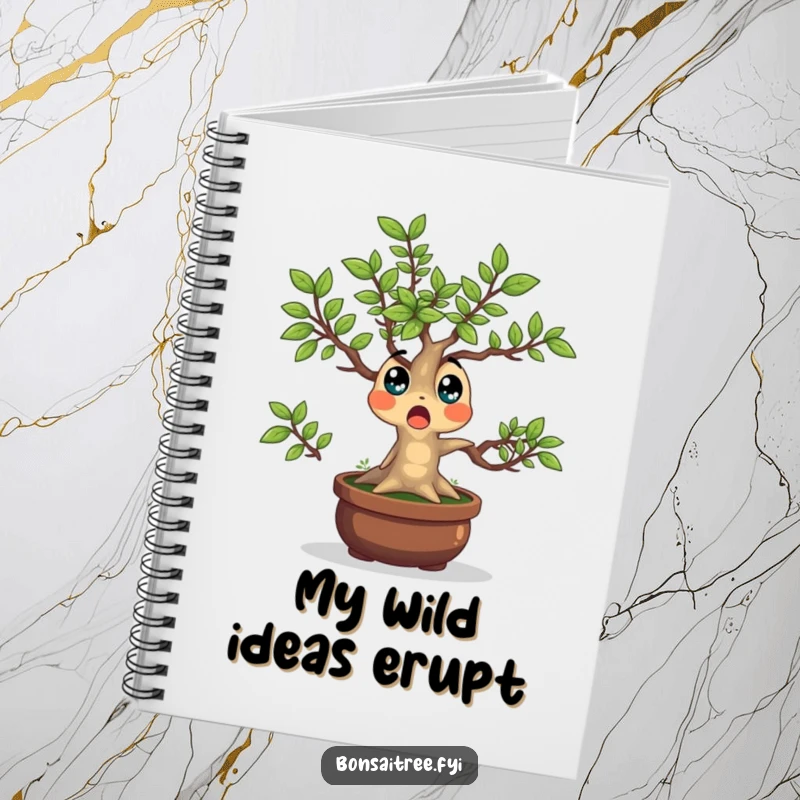 Funny Bonsai Tree Notebook with a surprised character whose leaves are popping outwards, ideal for jotting down notes with a touch of plant-based humor.