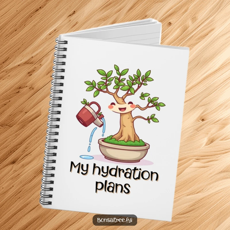 Funny notebook cover with a determined bonsai tree character watering itself, encouraging productivity and humor.
