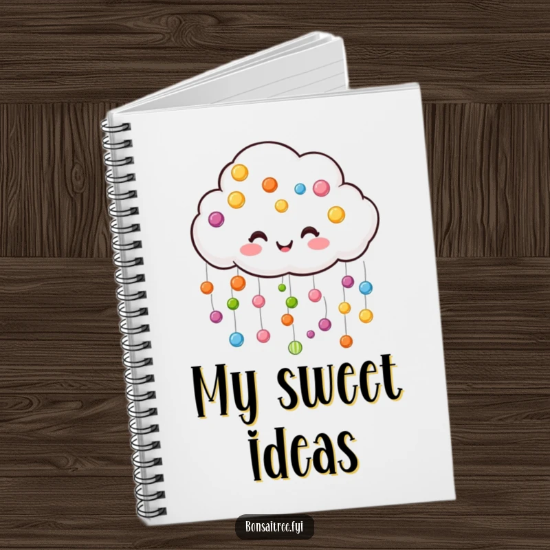 Funny cloud notebook cover, raining colorful candy drops, inspiring sweet and imaginative note-taking.
