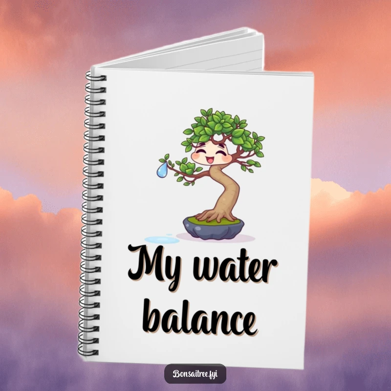 Funny giggling bonsai balancing a water droplet on a leaf on a notebook cover, ideal for jotting down precise thoughts and ideas.