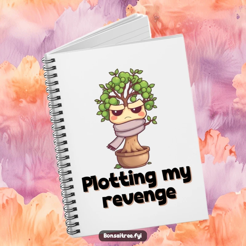 Funny grumpy bonsai tree character with a scarf, looking annoyed, on the cover of a notebook, ideal for writing, a funny stationery item.