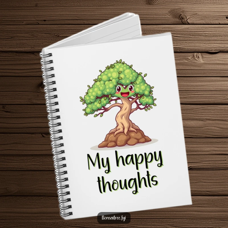 Funny notebook with a happy bonsai tree dancing in a gentle breeze, ideal for jotting down joyful thoughts.