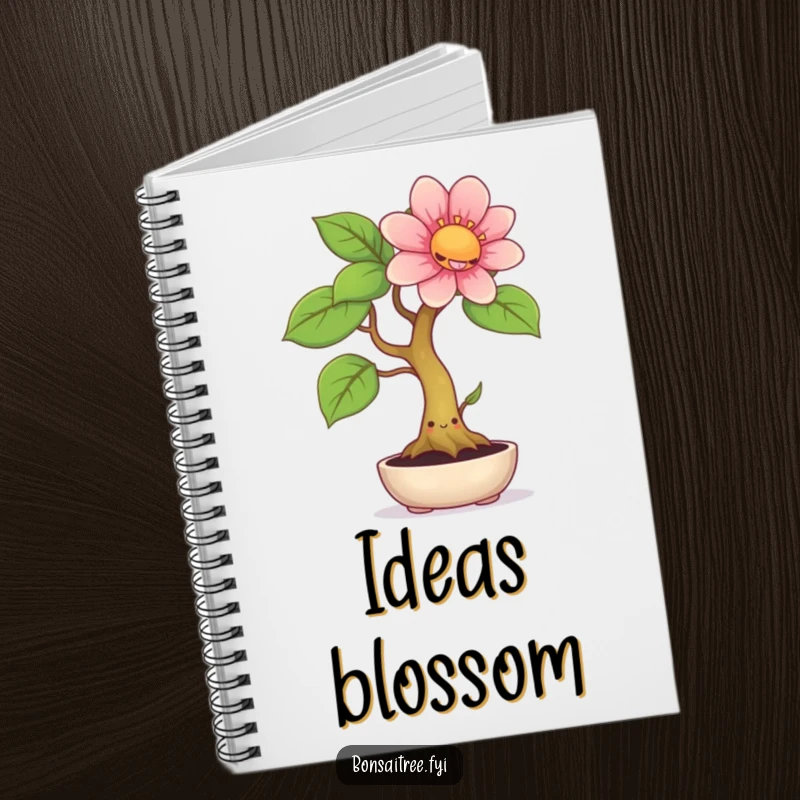 Funny notebook with a cover featuring a smiling bonsai tree sprouting a large, vibrant flower, inspiring creative and humorous writing.