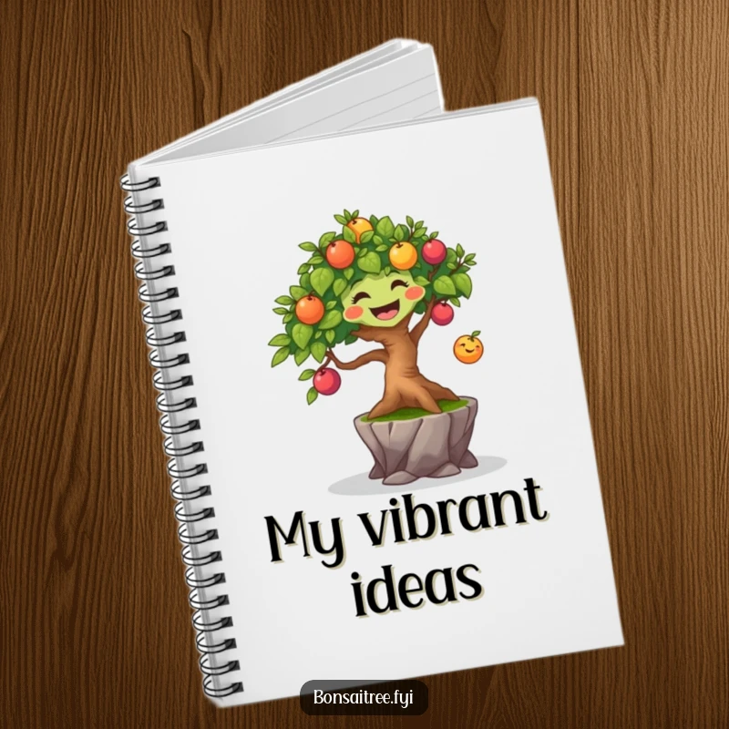 Funny joyful bonsai tree character bouncing a small, colorful fruit, inspiring happy notes in a vibrant notebook.