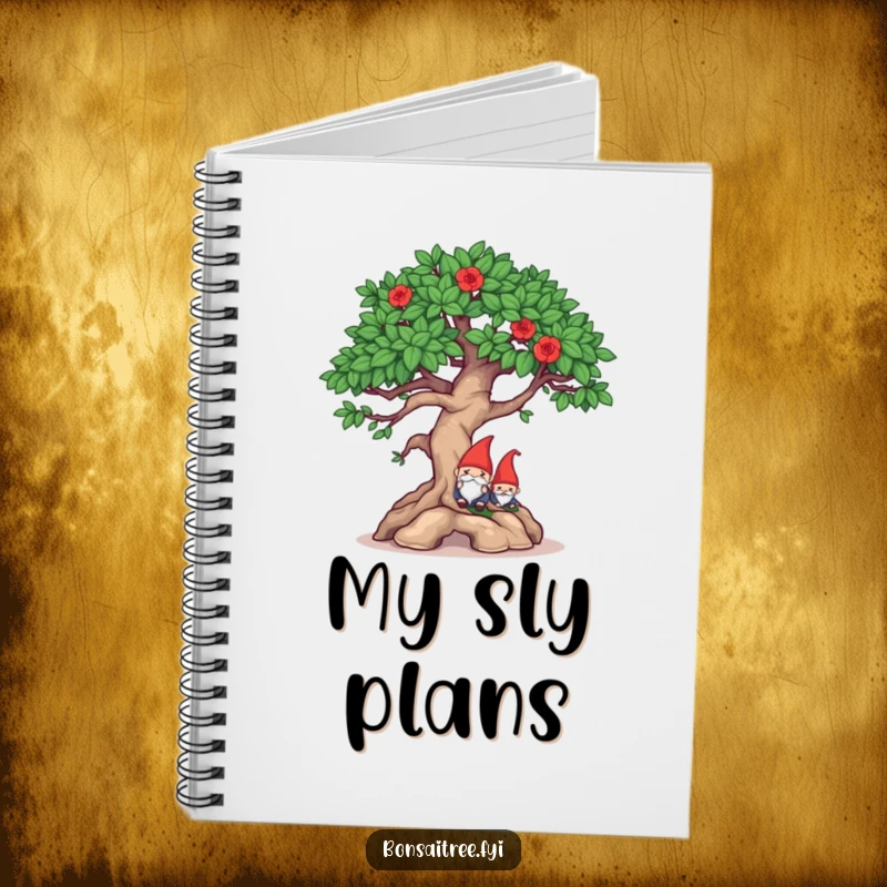 Funny mischievous bonsai winking and hiding a gnome on a notebook cover, ideal for jotting down clever ideas and secrets.
