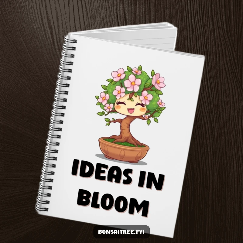 Funny notebook featuring a winking bonsai tree character offering a single flower, perfect for creative writing and note-taking.