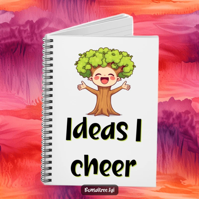 Funny notebook featuring a small bonsai tree character enthusiastically cheering with open arms. Encourages positive thoughts and creativity.