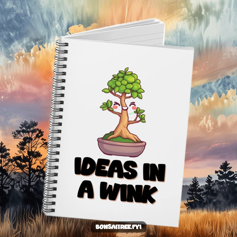 Funny notebook with a winking bonsai tree cover, perfect for jotting down notes and ideas.