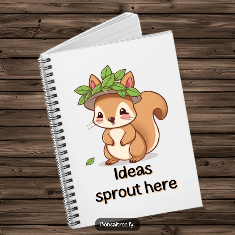 Funny playful squirrel character trying on a leaf hat, on the cover of a notebook, ideal for writing, a charming and funny item.