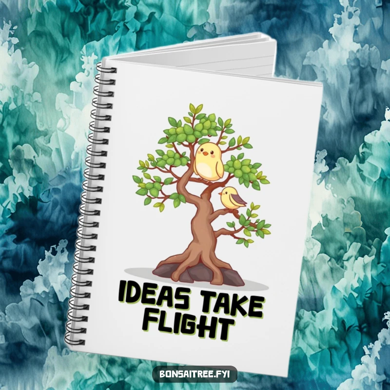 Funny notebook featuring a happy bonsai tree with a bird, perfect for journaling and capturing ideas with natural inspiration.