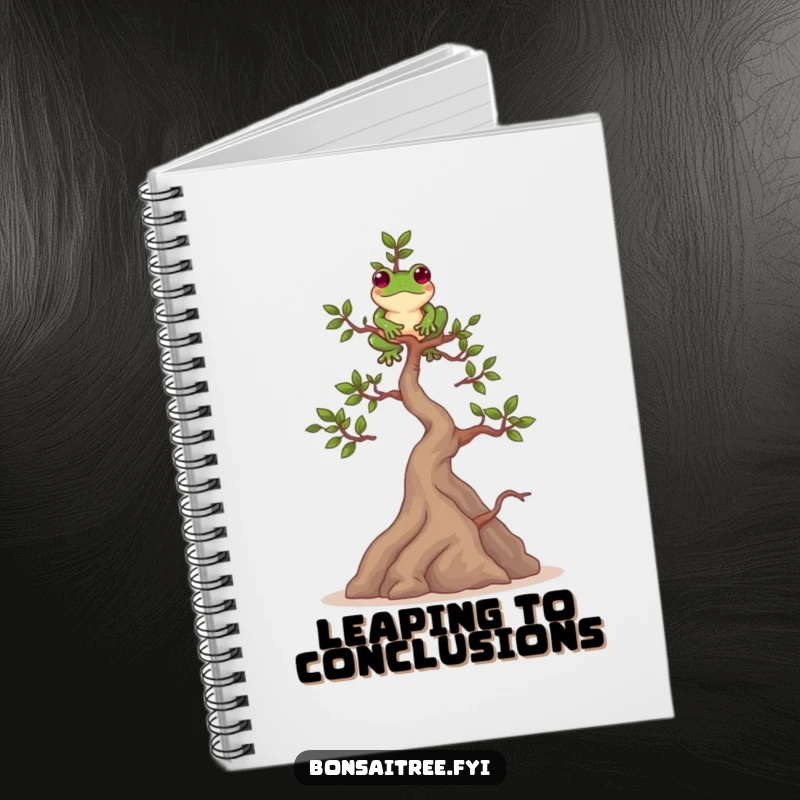 Funny notebook cover featuring a playful bonsai tree character balancing a frog on its highest branch. Ideal for journaling.