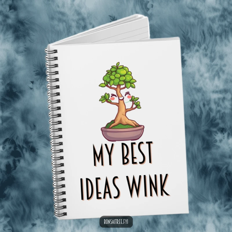 Funny notebook with a cover illustration of a small bonsai tree character giving a cheerful wink. Great for journaling and everyday writing.