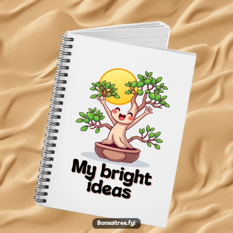 Funny beaming bonsai reaching for the sun on a notebook cover, ideal for jotting down positive thoughts and sunny ideas.