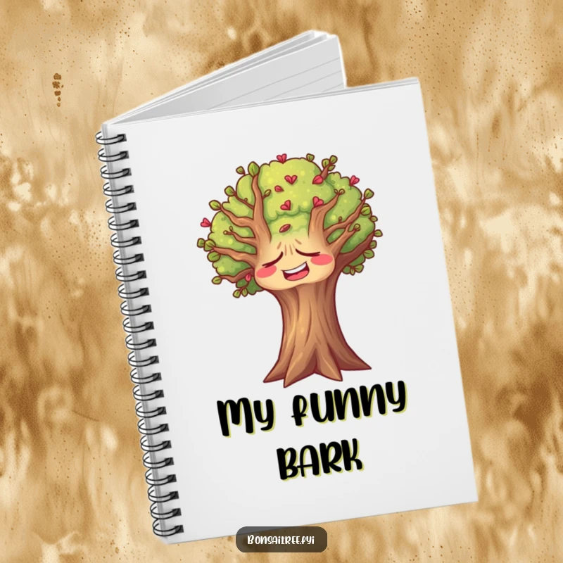 Funny tree notebook featuring a tree with a face contorted in a silent laugh, ideal for writing and sketching.