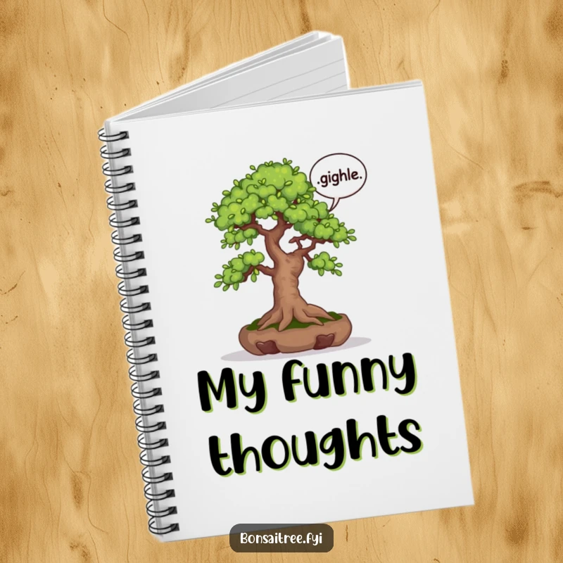 Funny notebook with a cover illustration of a bonsai tree holding a speech bubble saying 'giggle'. Ideal for writing and doodling.