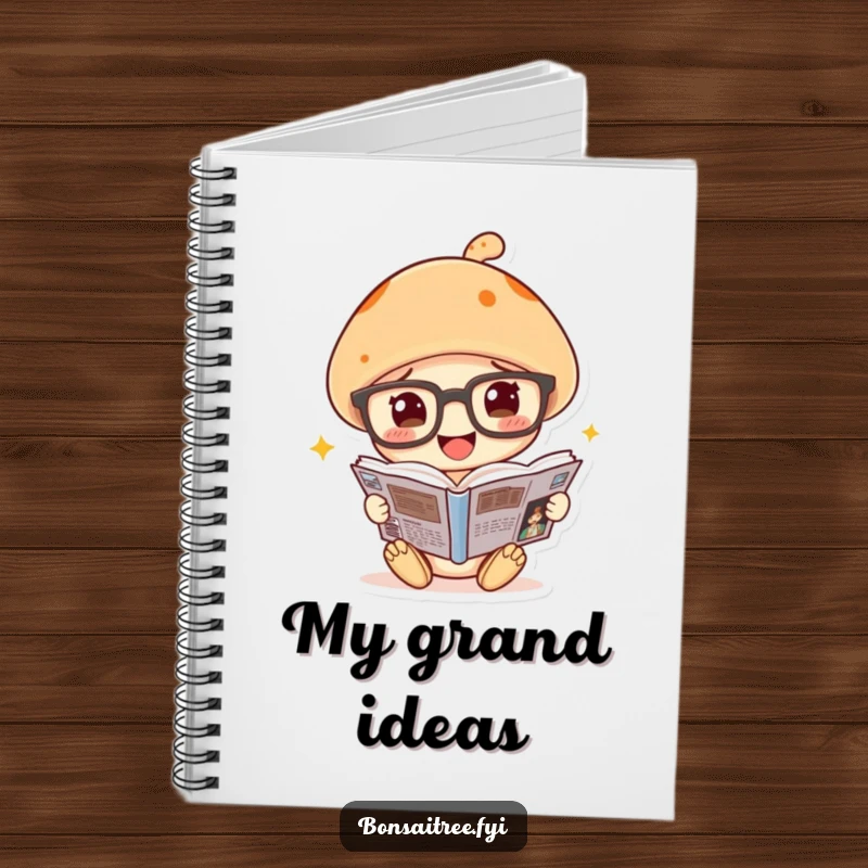 Funny mushroom notebook cover, spectacles on, reading a comic book, inspiring creative and humorous note-taking.