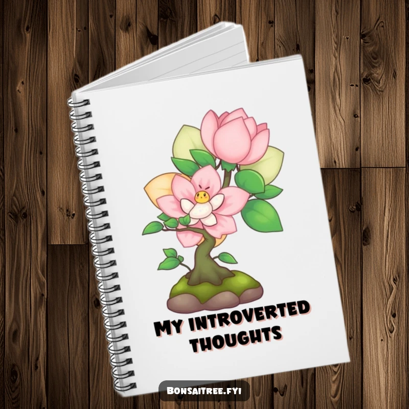 Funny shy bonsai peeking from behind a flower on a notebook cover, ideal for gentle thoughts and humorous journaling.