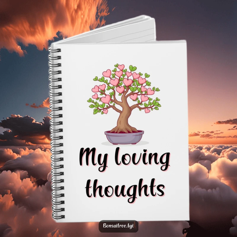 Funny notebook with a cover illustration of a bonsai tree with leaves shaped like tiny hearts. Ideal for writing and expressing affection.