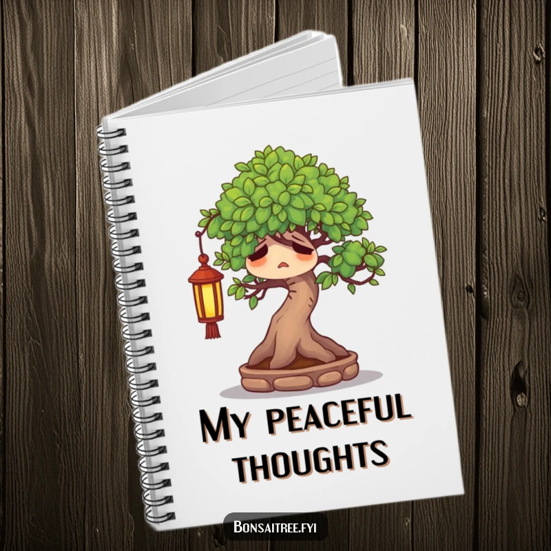 Funny weary bonsai tree character sighing contentedly under a tiny lantern, inviting peaceful notes in a serene notebook.