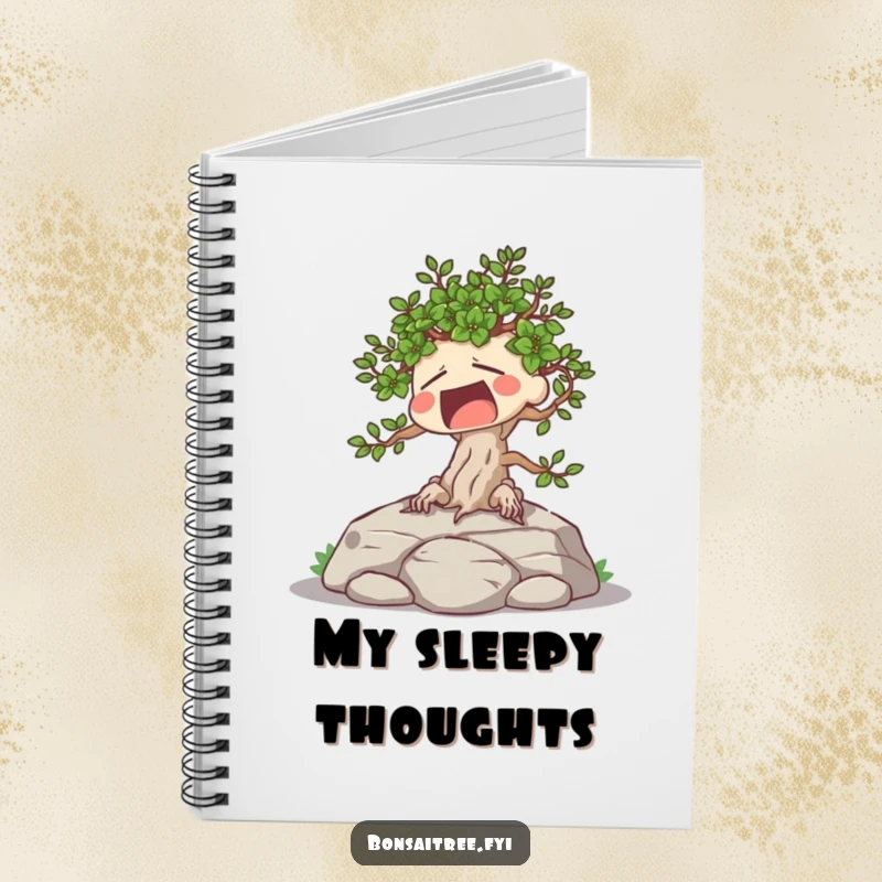 Funny notebook cover featuring a tired bonsai tree character yawning widely while sunbathing on a rock.