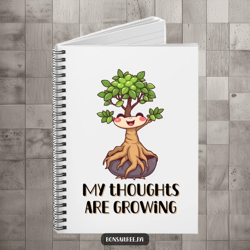 Funny Bonsai Tree Notebook with a smiling character whose roots wiggle, ideal for jotting down notes with a touch of plant-based humor.
