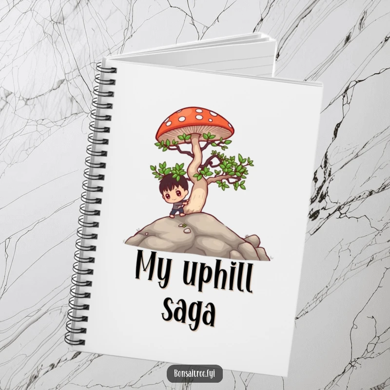 Funny bonsai character pushing a large mushroom uphill, a notebook cover for jotting down ideas with humor and determination.