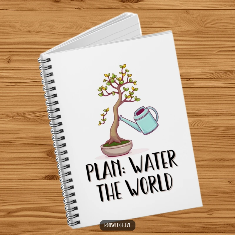Funny notebook cover displaying a tiny bonsai tree hilariously attempting to lift a comically large watering can, sparking creativity.