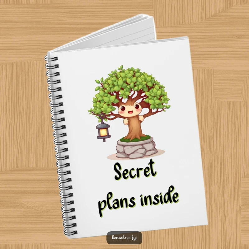 Funny notebook cover with a joyful bonsai tree character playing peek-a-boo behind a miniature stone lantern, inspiring creativity.
