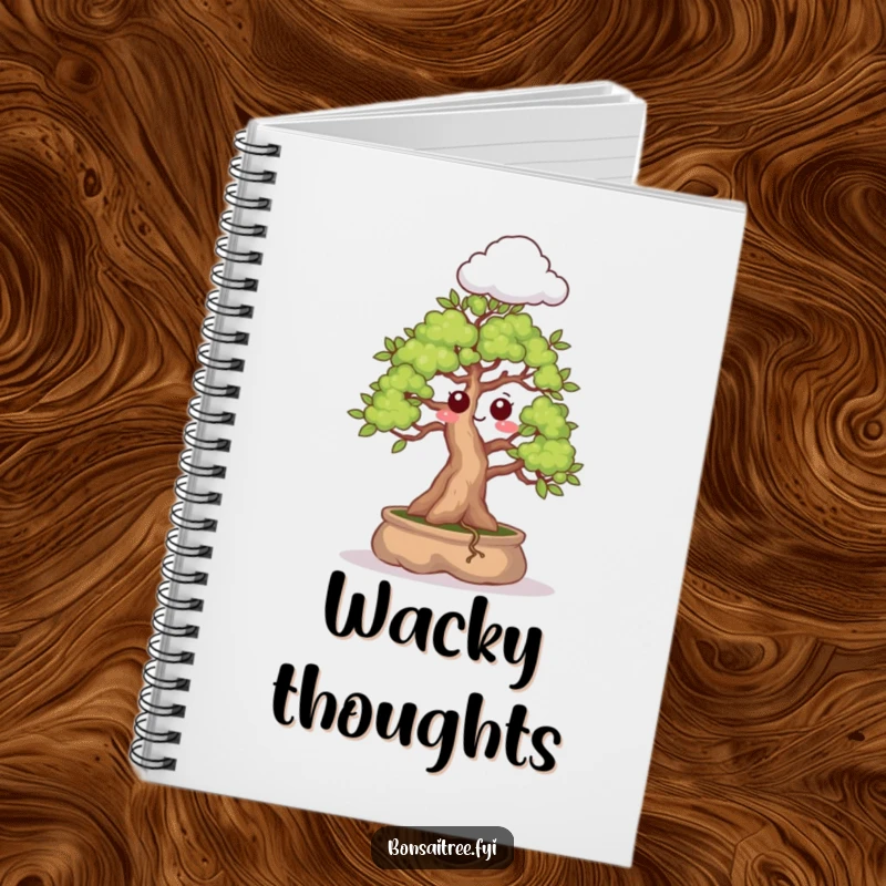 Funny notebook cover with a bonsai tree showing a surprised expression and sprouting a cloud, designed to inspire curious and humorous writing.