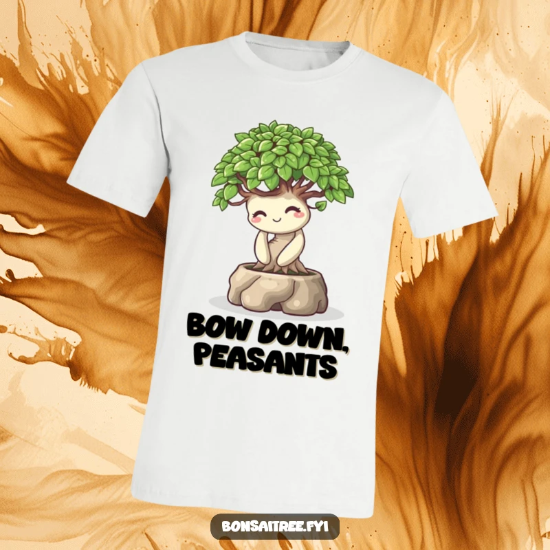 Funny graphic t-shirt showcasing a bonsai tree character bowing playfully with a warm smile, perfect for expressing good humor.