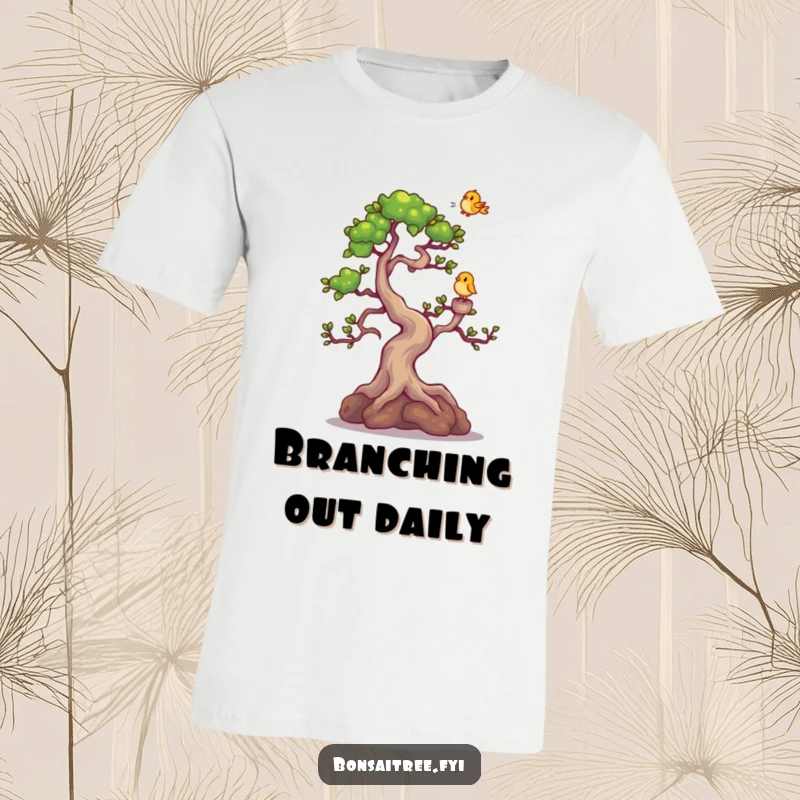Funny Bonsai Tree T-Shirt: A delightful bonsai character erupting in giggles as a tiny bird alights on its highest branch.
