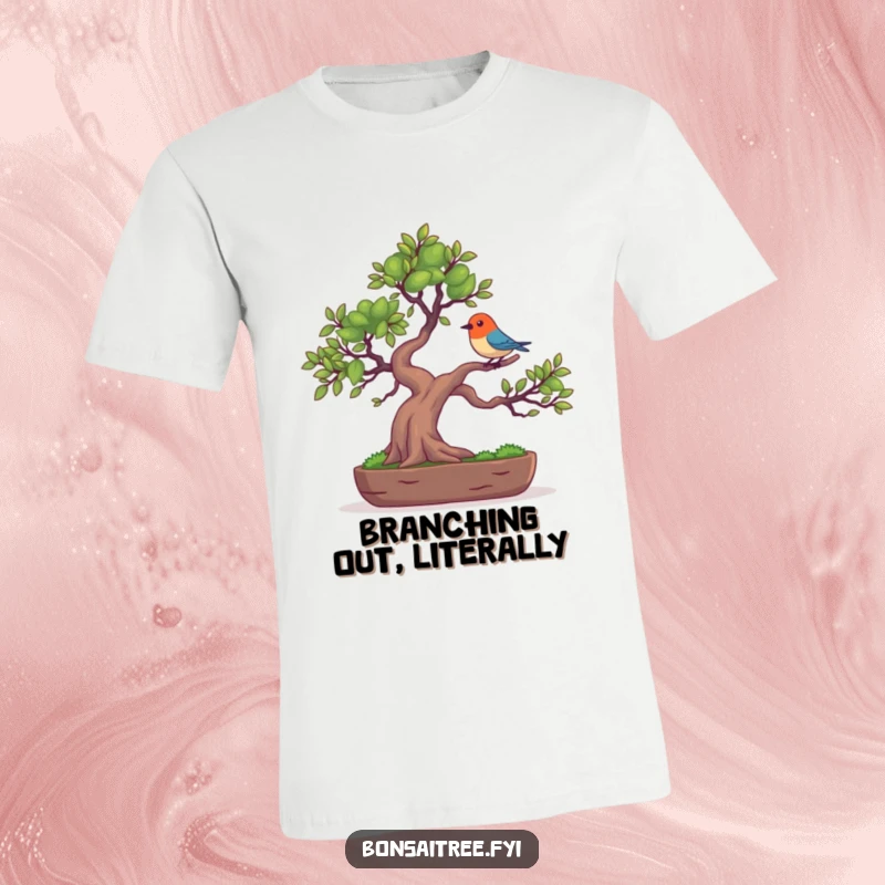 Funny graphic t-shirt showcasing a bonsai tree character with a tiny, colorful bird perched on its branch, celebrating nature and humor.