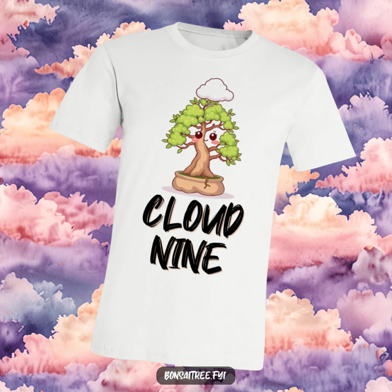 Funny t-shirt design of a bonsai tree looking surprised as it sprouts a tiny cloud, capturing a whimsical and comical moment.