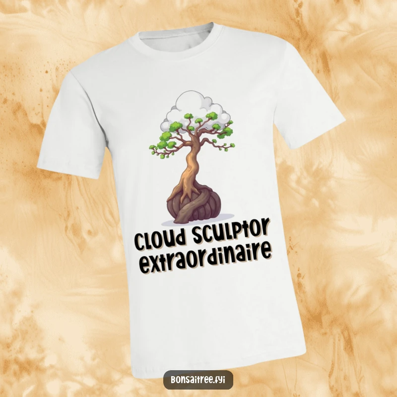 Funny t-shirt showing a bonsai tree using its branches to sculpt a cloud, a whimsical and artistic design.