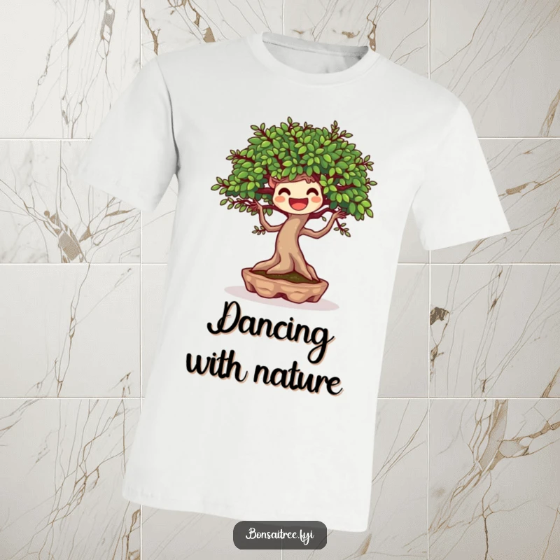 Funny t-shirt showing a joyful bonsai tree character in a lively dance pose, embracing the breeze with playful energy.