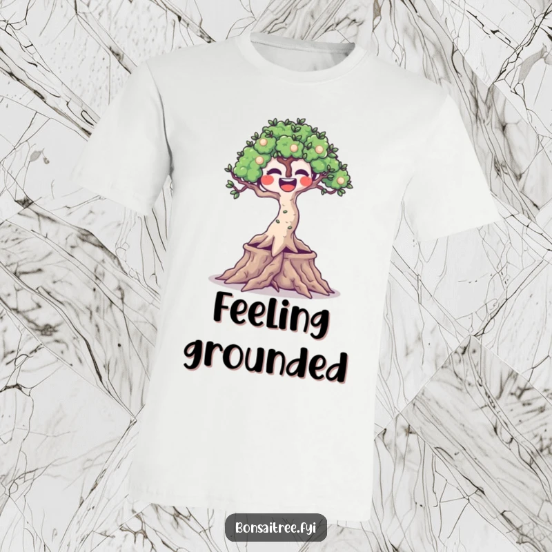 Funny graphic t-shirt showcasing a joyful bonsai tree with visibly wiggling roots, perfect for expressing happiness and humor.
