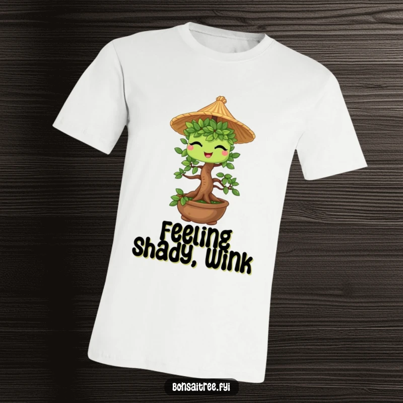 Funny Bonsai Tree T-Shirt: A charming bonsai character giving a knowing wink while wearing a tiny straw hat, radiating cool vibes.