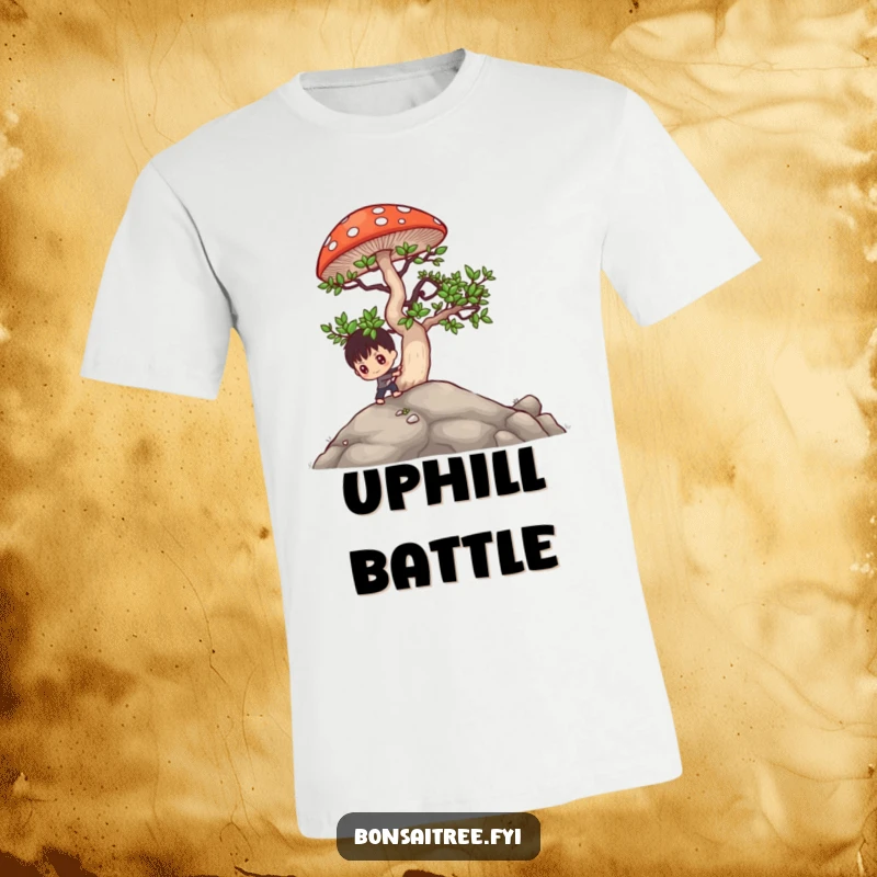Funny bonsai character pushing a giant mushroom uphill on a t-shirt, symbolizing effort and a humorous take on challenges.