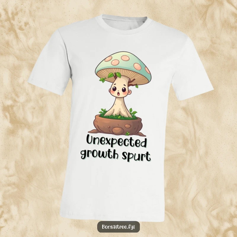 Funny t-shirt with a surprised bonsai character unexpectedly sprouting a massive mushroom, a comical nature-themed design.