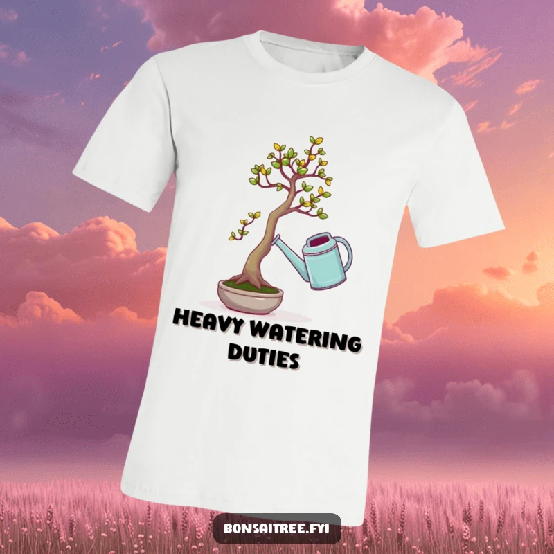 Funny t-shirt with a tiny bonsai tree comically attempting to lift a comically large watering can, showcasing a humorous gardening struggle.