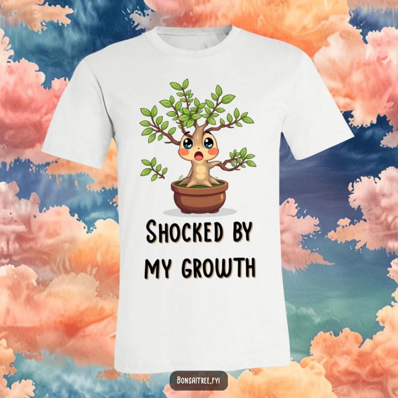Funny Bonsai Tree T-Shirt of a surprised character with leaves popping outwards, embodying a comical and startled plant spirit.