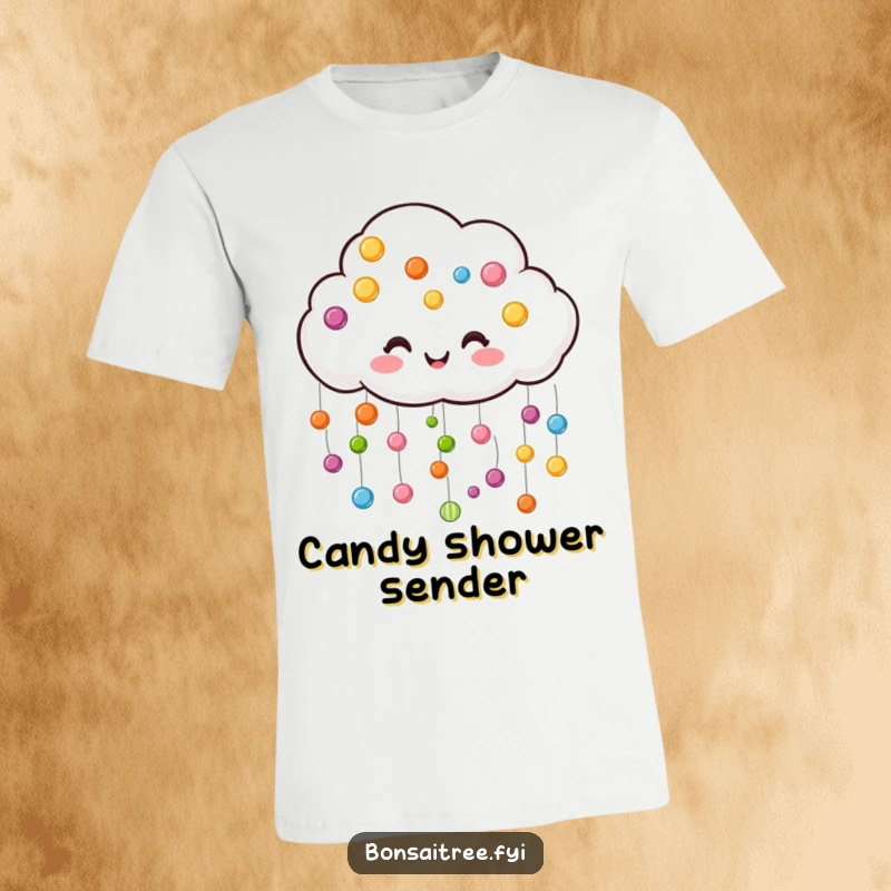 Funny cloud t-shirt, joyfully raining colorful candy drops, a cheerful and whimsical design.