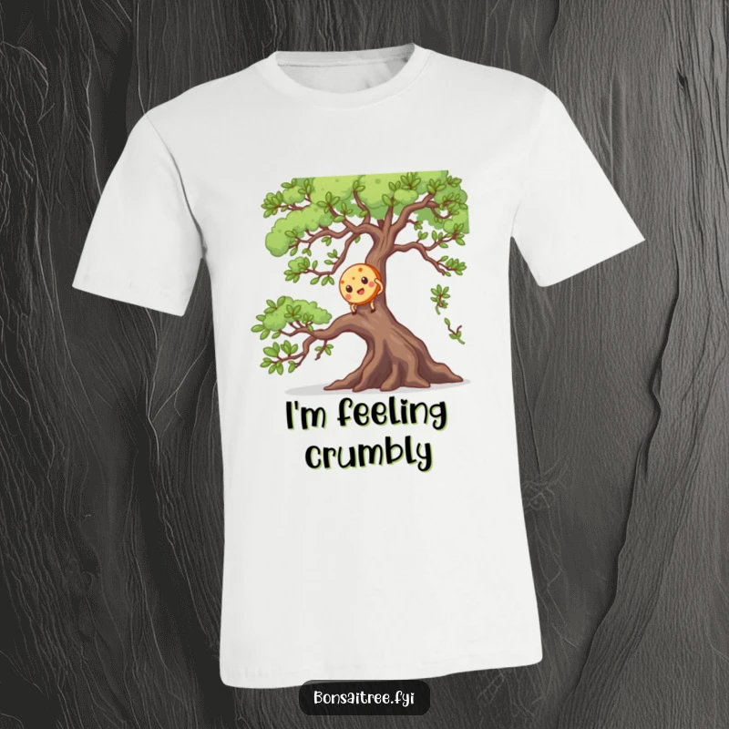 Funny t-shirt showcasing a determined cookie character scaling a towering bonsai branch, a comical scene of ambition and mischief.