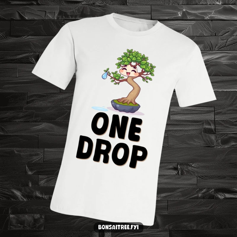 Funny giggling bonsai balancing a water droplet on a leaf on a t-shirt, perfect for precise individuals and humorous moments.