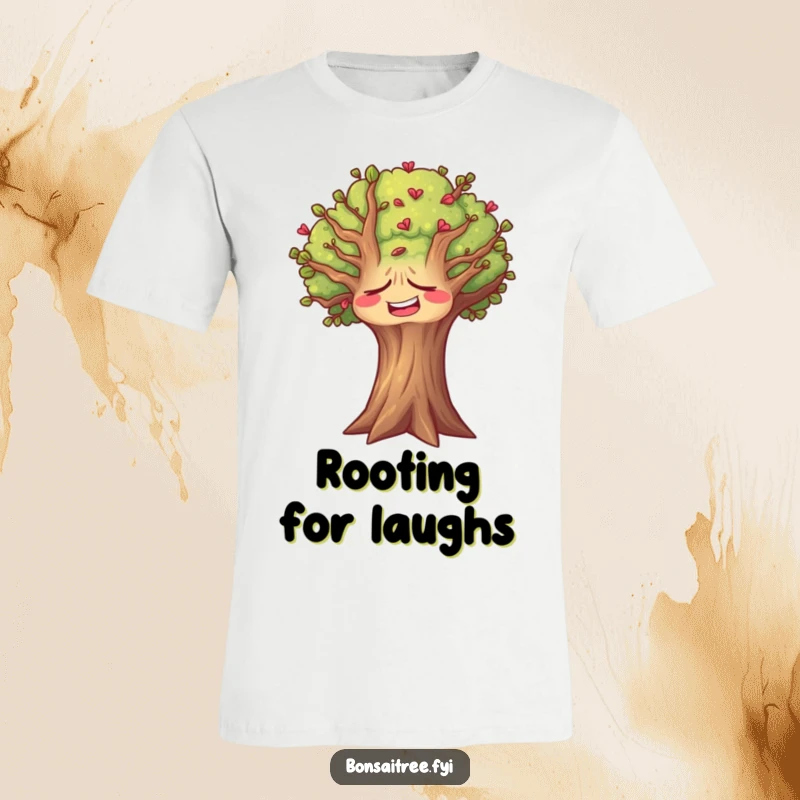 Funny tree t-shirt showing a tree with a face hilariously contorted in a silent laugh, leaves rustling with amusement.